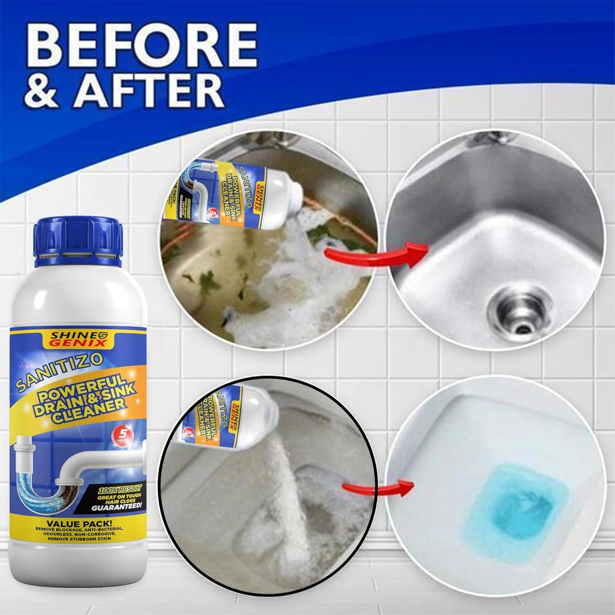 Sanitizo Powerful Drain & Sink Cleaner Powder 100 ML Each (Pack of 4)